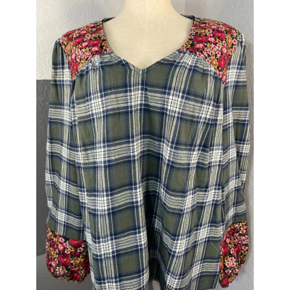 Savanna Jane Plaid Floral Embroidered Peasant Blouse L Green Cottagecore Boho